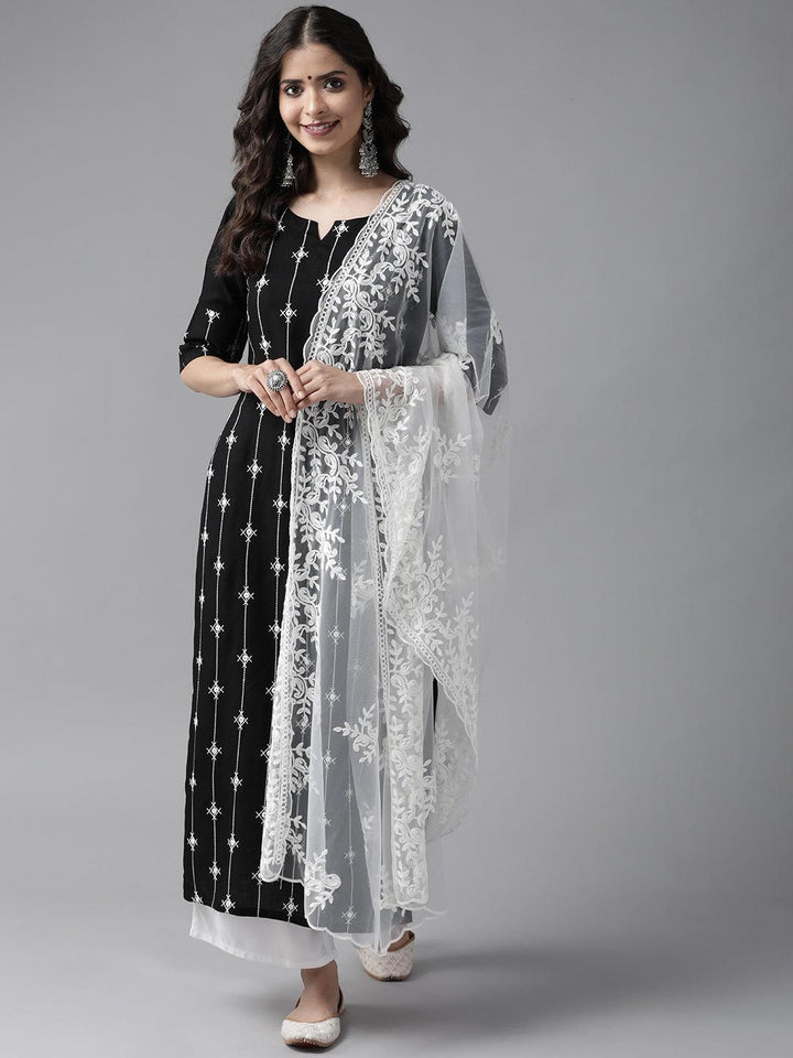 Black Embroidered Rayon Suit Set - ShopLibas