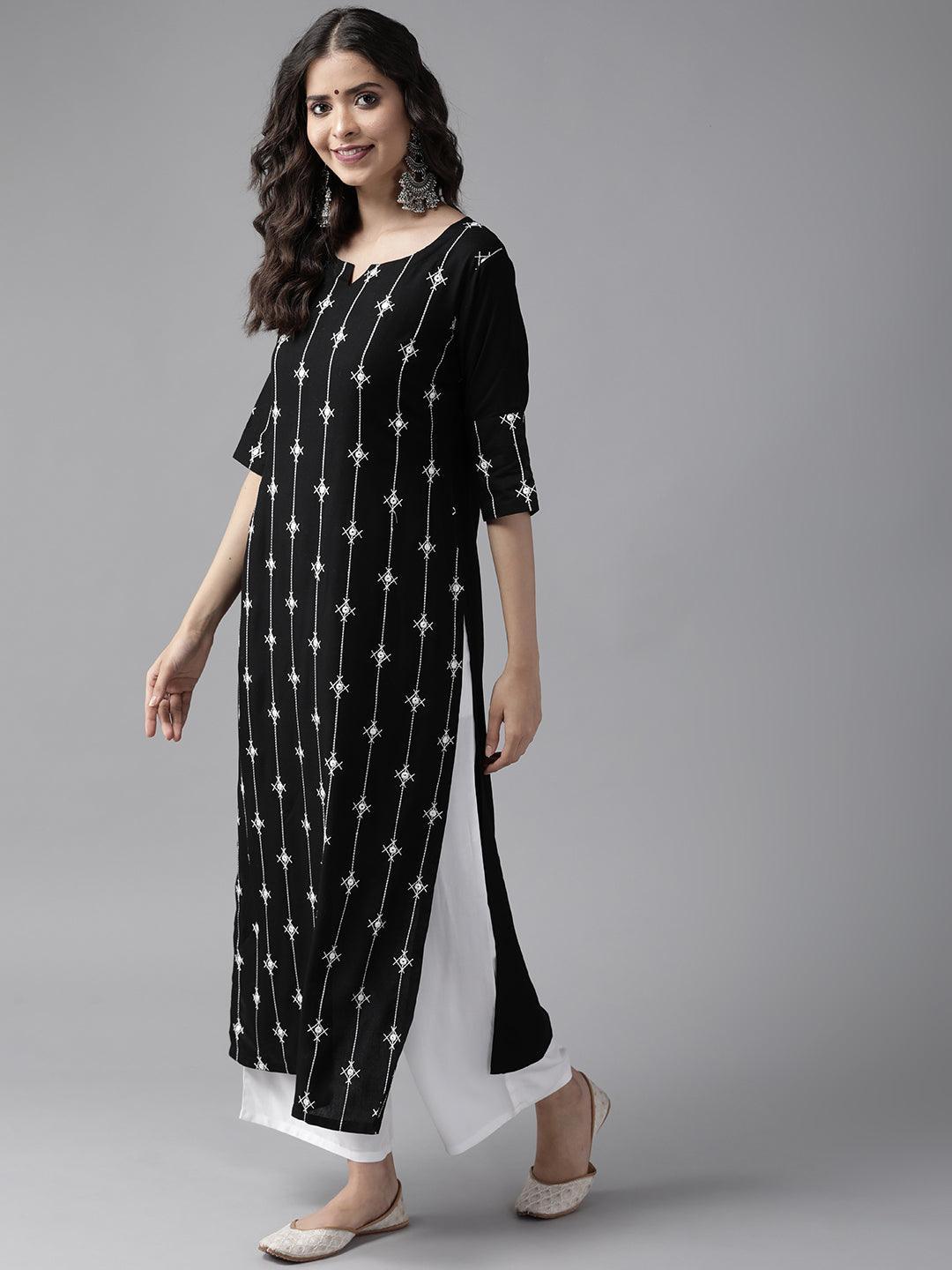 Black Embroidered Rayon Suit Set - ShopLibas