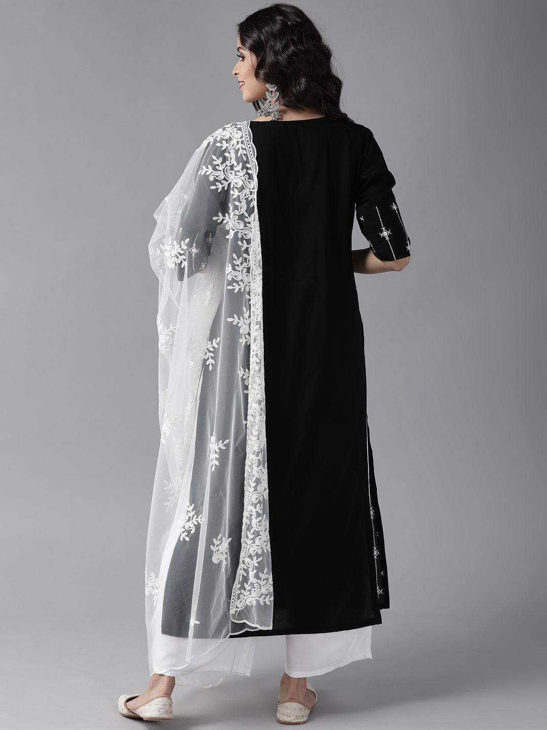 Black Embroidered Rayon Suit Set - ShopLibas