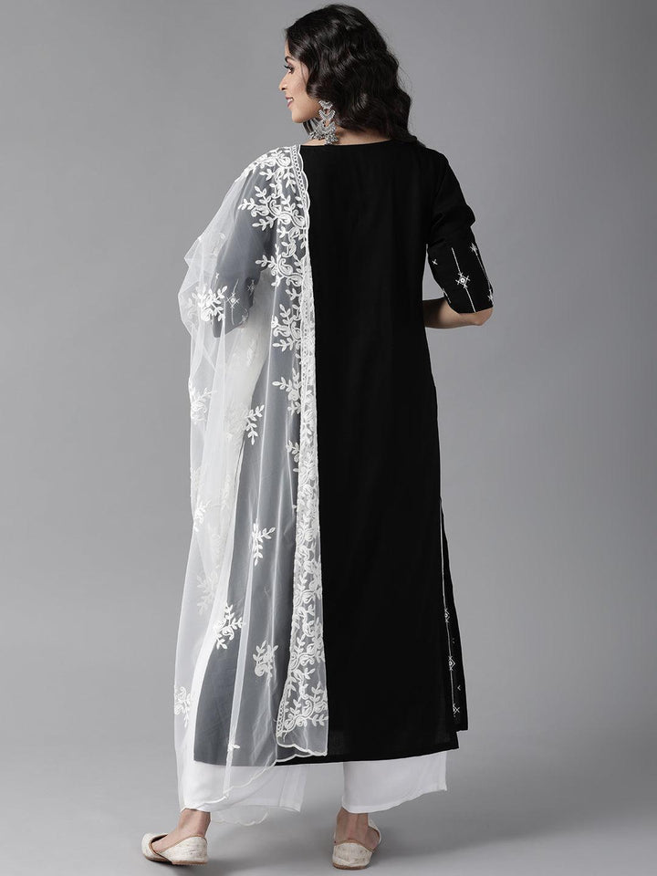 Black Embroidered Rayon Suit Set - ShopLibas