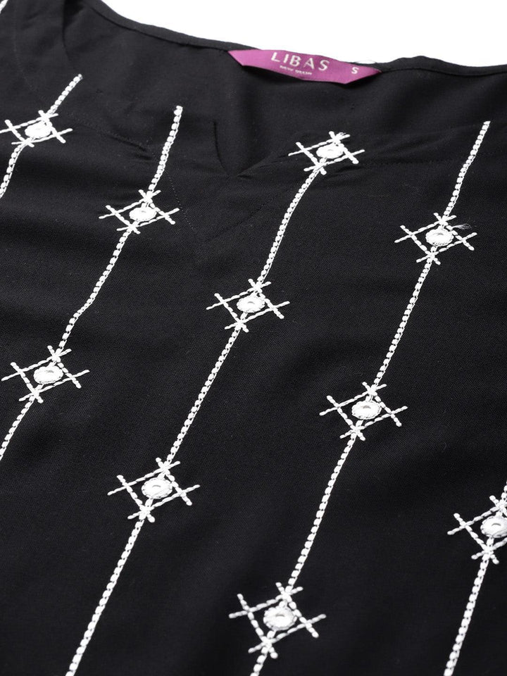 Black Embroidered Rayon Suit Set - ShopLibas