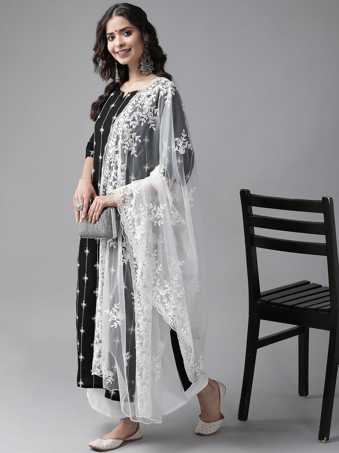 Black Embroidered Rayon Suit Set - ShopLibas