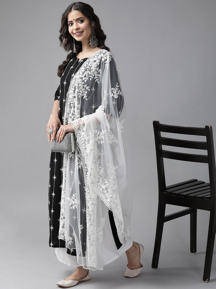 Black Embroidered Rayon Suit Set - ShopLibas