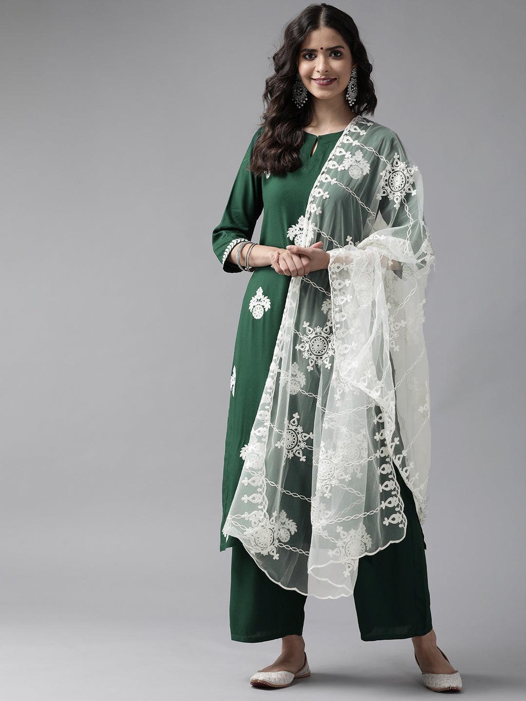 Green Embroidered Rayon Suit Set - ShopLibas