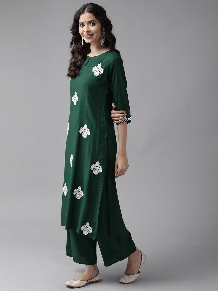 Green Embroidered Rayon Suit Set - ShopLibas