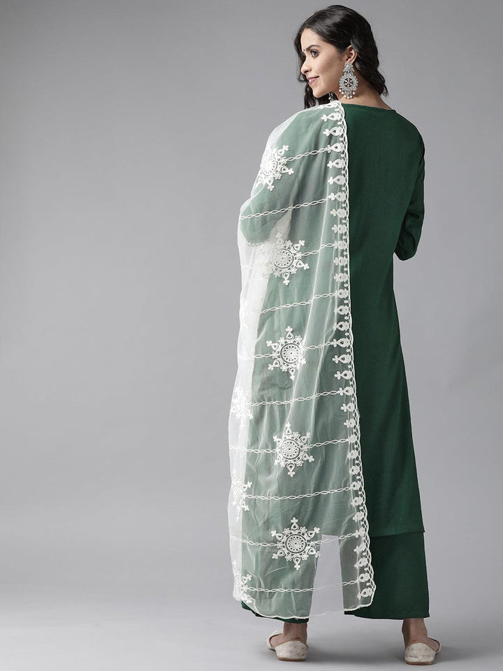 Green Embroidered Rayon Suit Set - ShopLibas