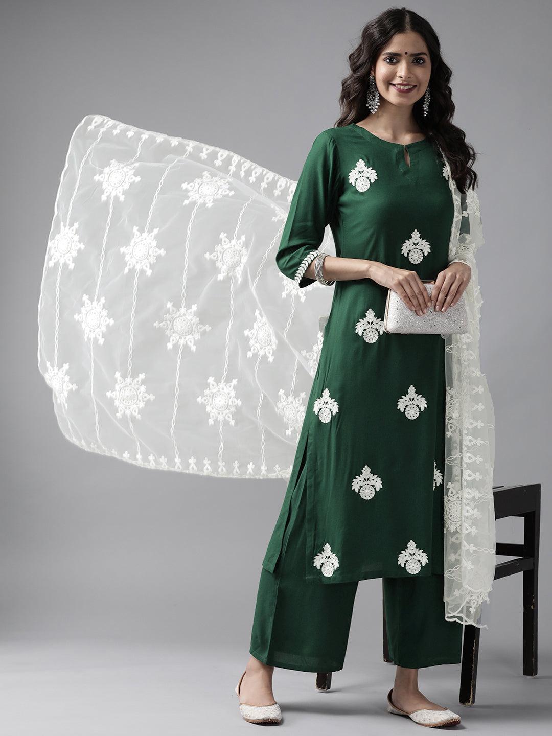 Green Embroidered Rayon Suit Set - ShopLibas