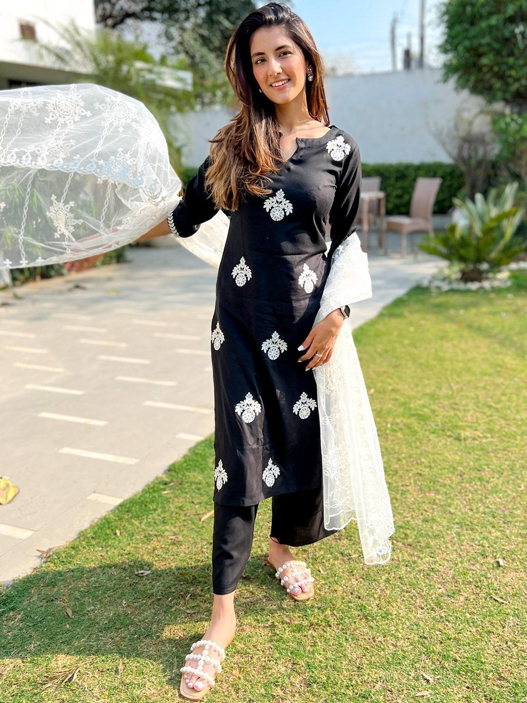 Black Embroidered Rayon Suit Set - ShopLibas