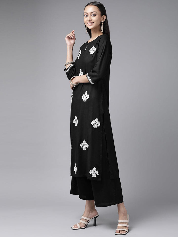 Black Embroidered Rayon Suit Set - ShopLibas