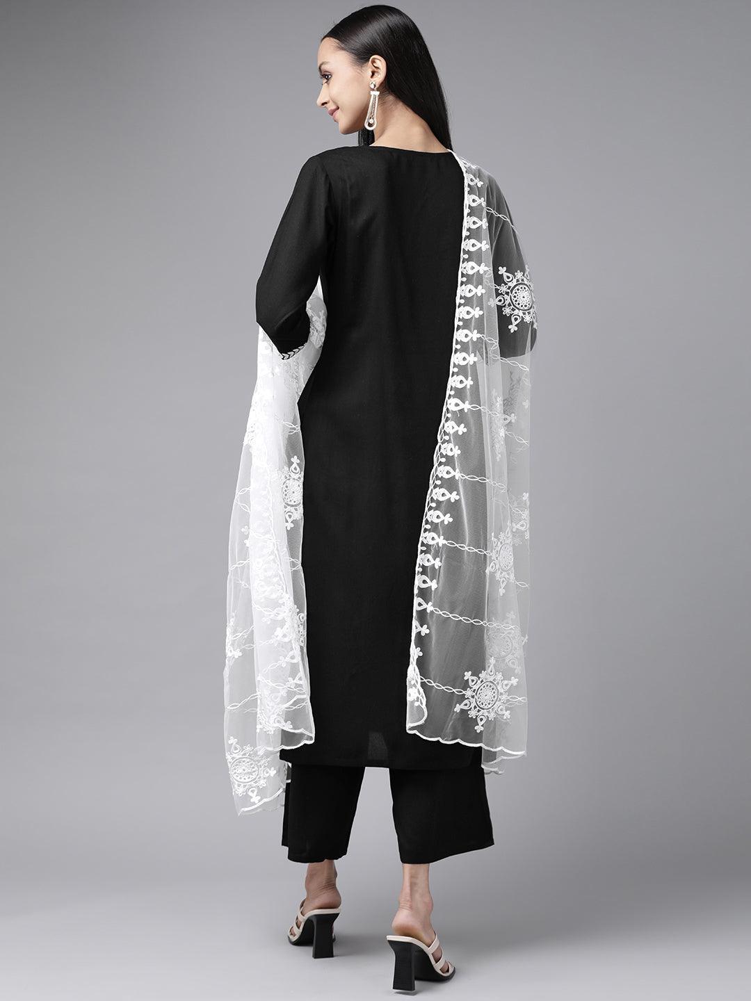 Black Embroidered Rayon Suit Set - ShopLibas