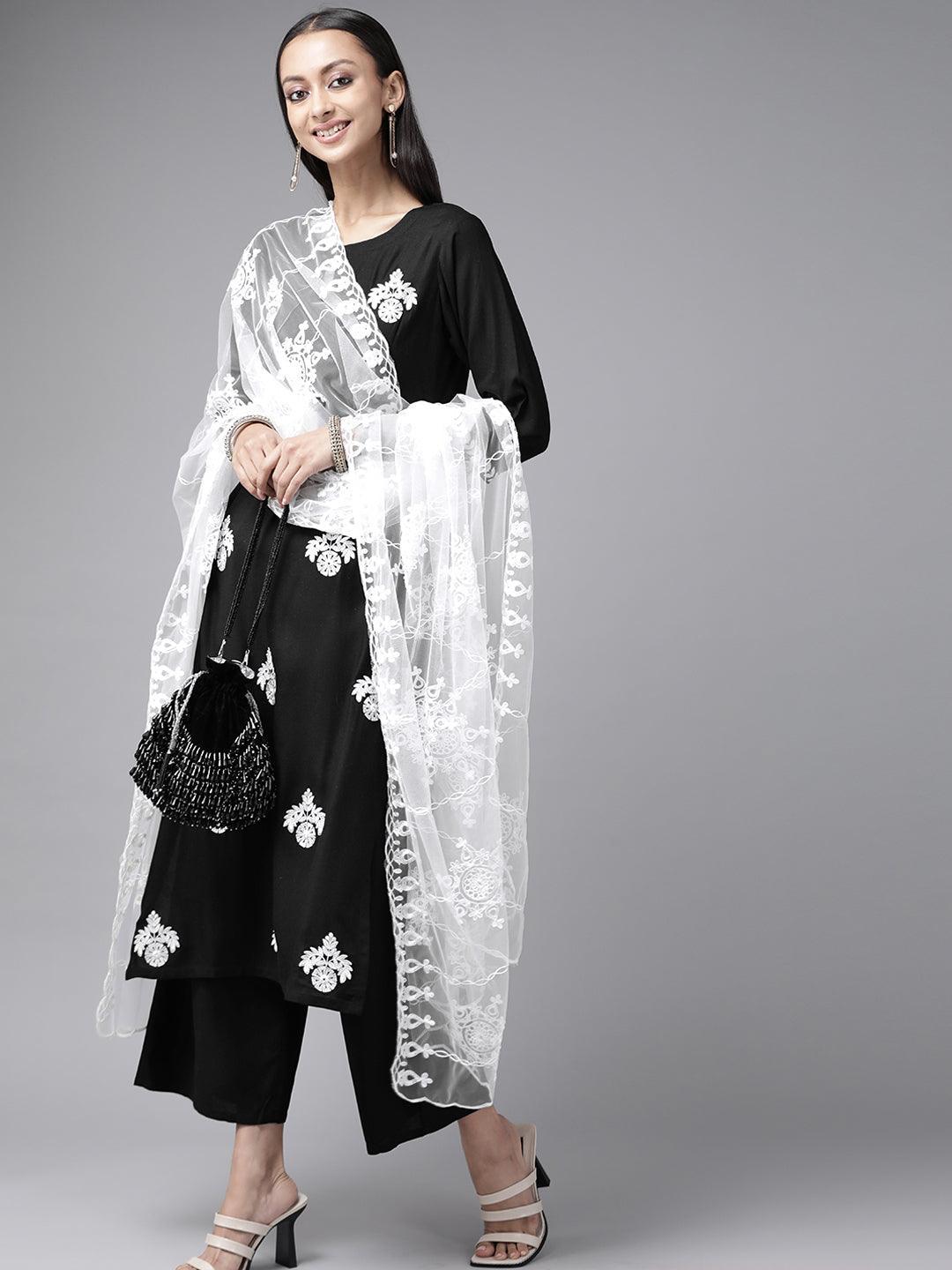 Black Embroidered Rayon Suit Set - ShopLibas