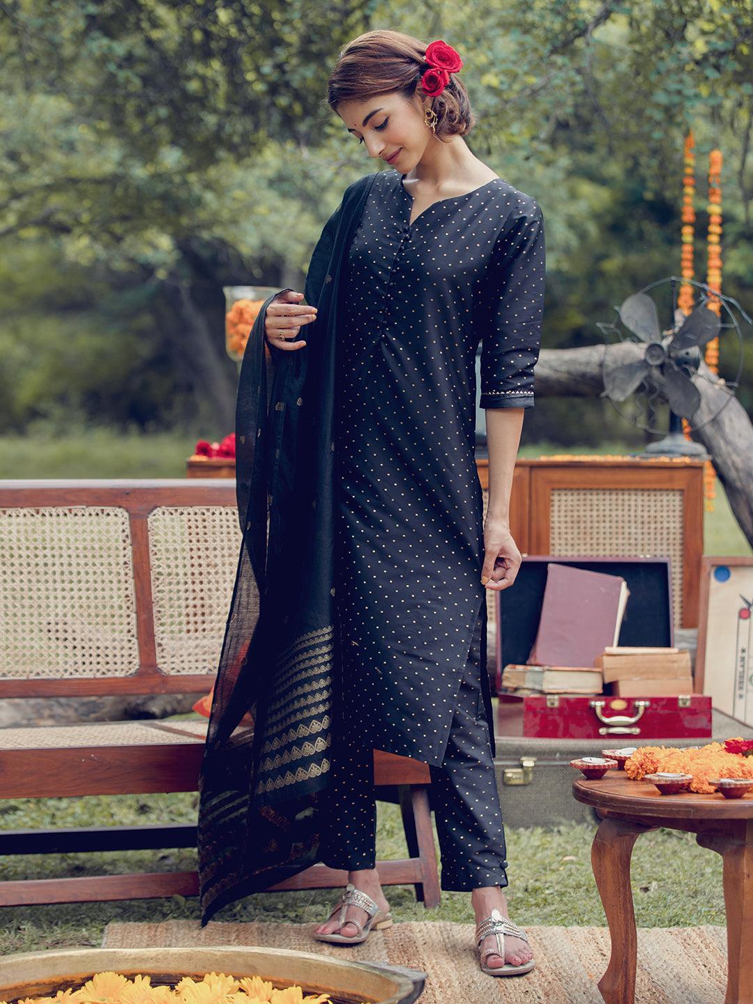 Black Self Design Art Silk Suit Set - ShopLibas