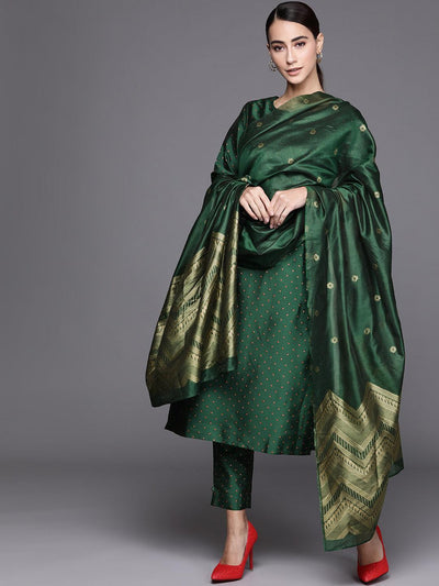 Green Self Design Art Silk Suit Set - ShopLibas