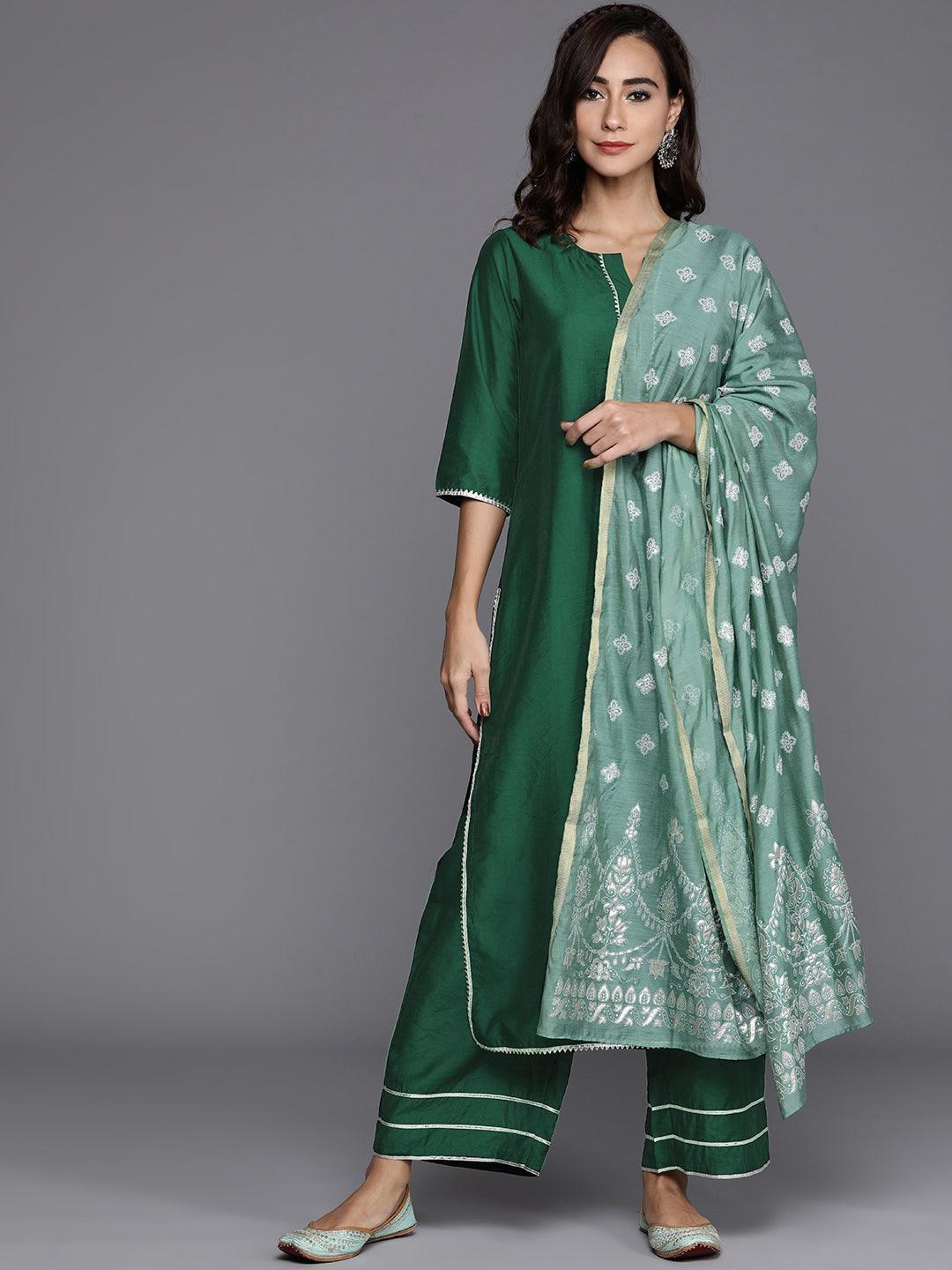 Green Solid Chanderi Silk Suit Set - ShopLibas