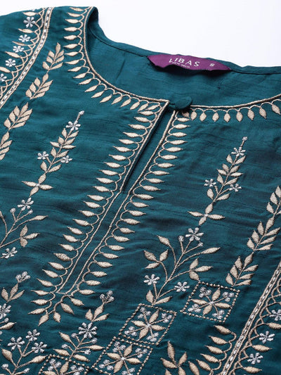 Blue Embroidered Silk Blend Suit Set - ShopLibas