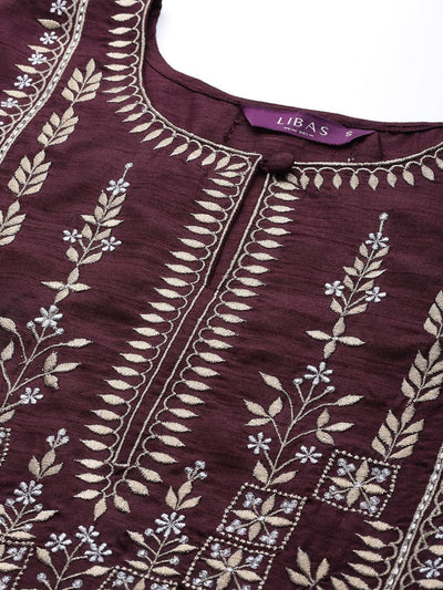 Purple Embroidered Silk Blend Suit Set - ShopLibas