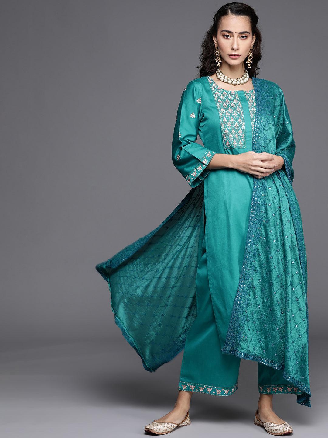 Teal Green Embroidered Silk Blend Suit Set - ShopLibas