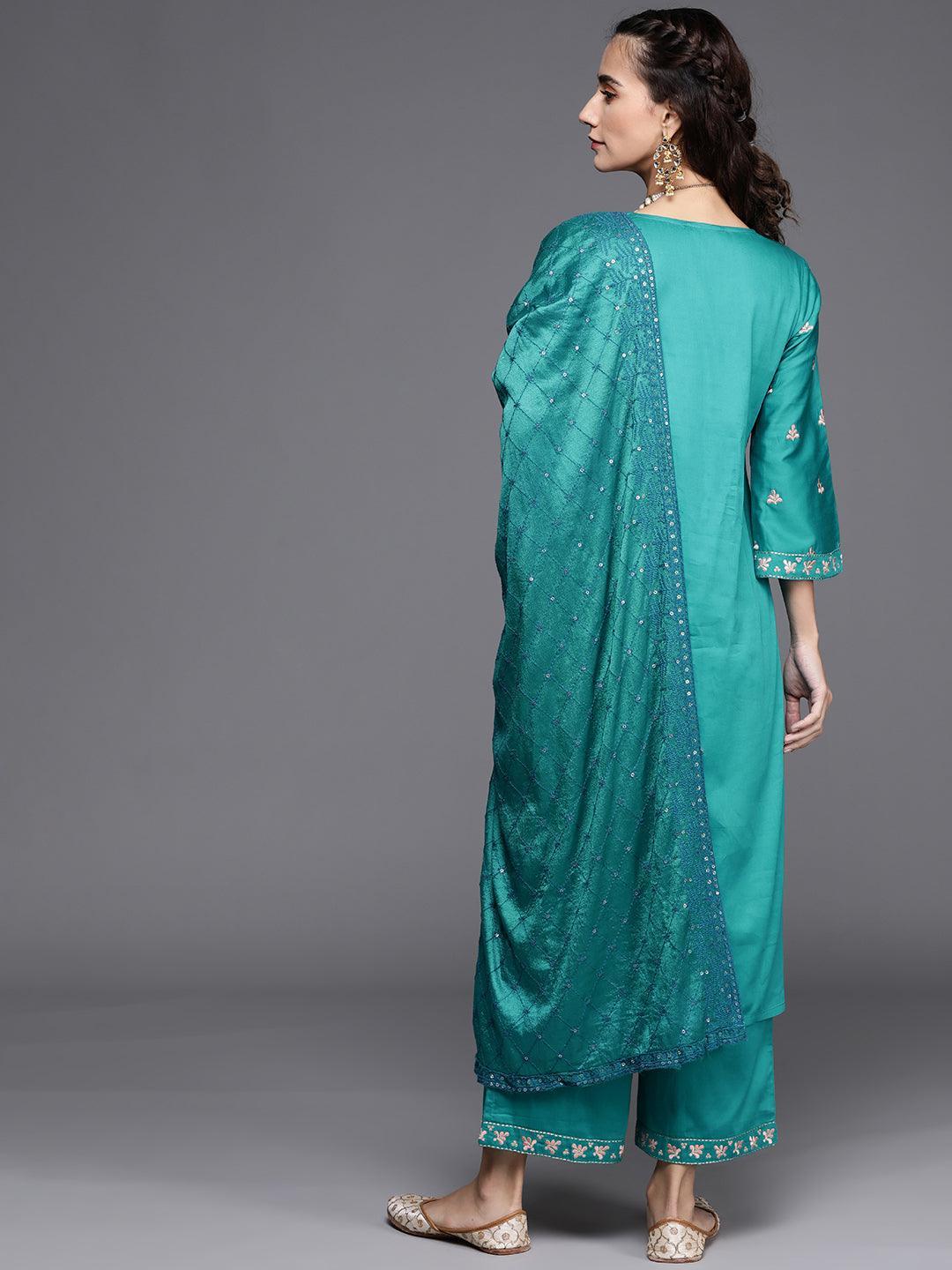 Teal Green Embroidered Silk Blend Suit Set - ShopLibas