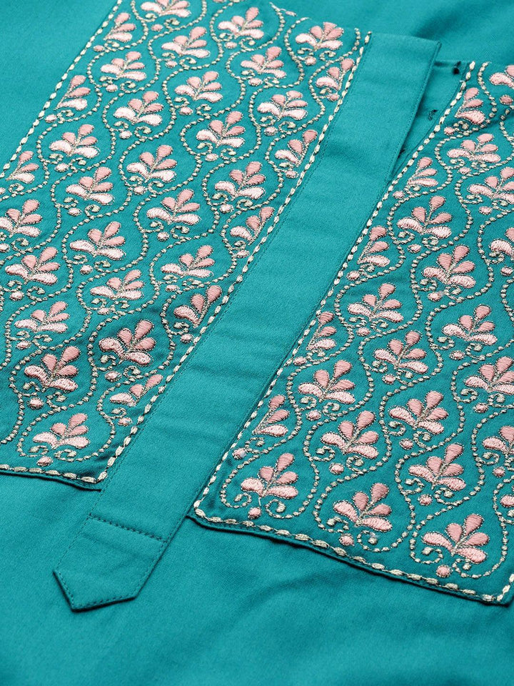 Teal Green Embroidered Silk Blend Suit Set - ShopLibas