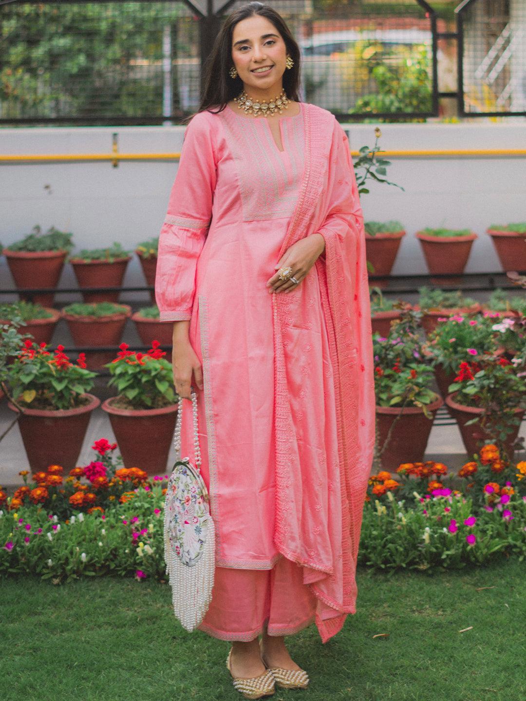 Pink Embroidered Silk Blend Suit Set - ShopLibas