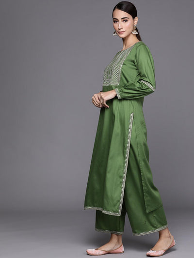 Green Embroidered Silk Blend Suit Set - ShopLibas