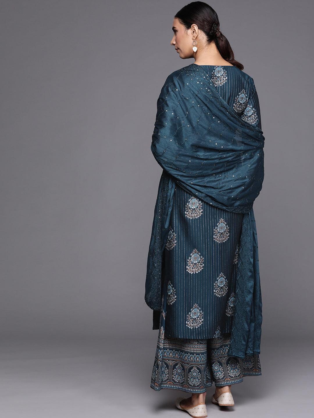 Blue Self Design Silk Blend Suit Set - ShopLibas