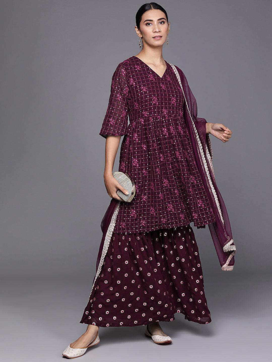 Purple Embroidered Georgette Suit Set - ShopLibas