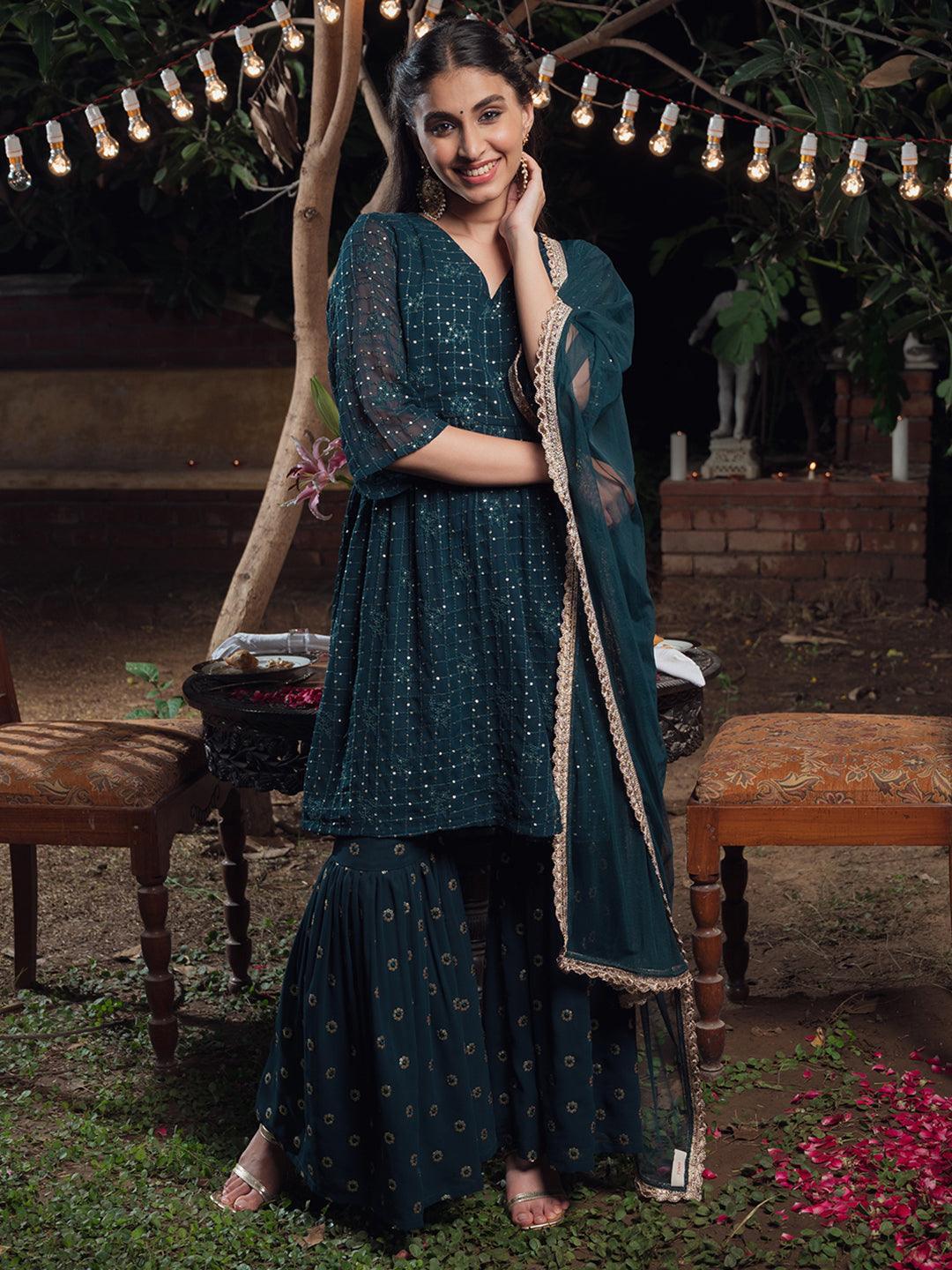 Green Embroidered Georgette Suit Set - ShopLibas