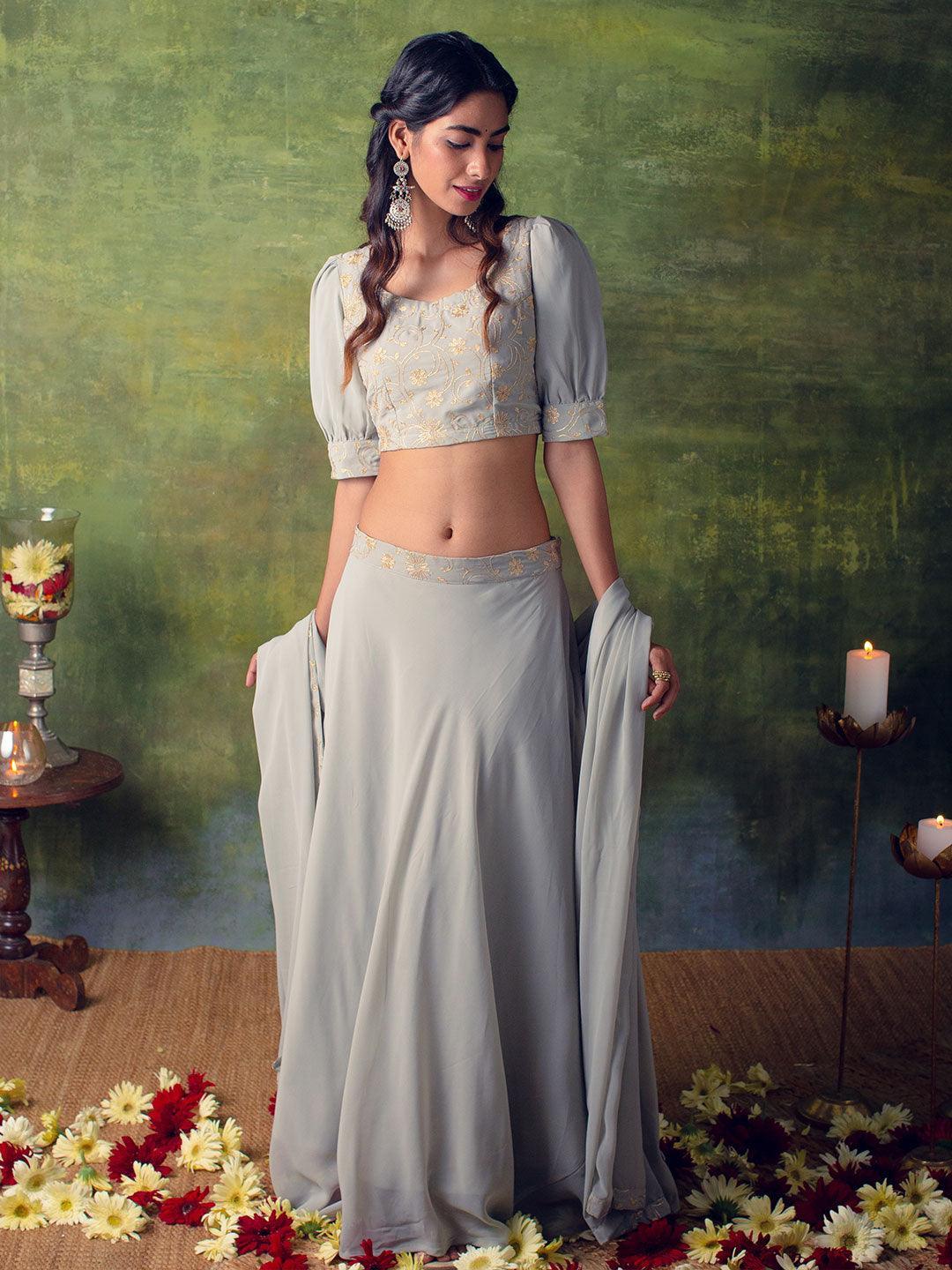 Grey Embroidered Georgette Lehenga Set - ShopLibas