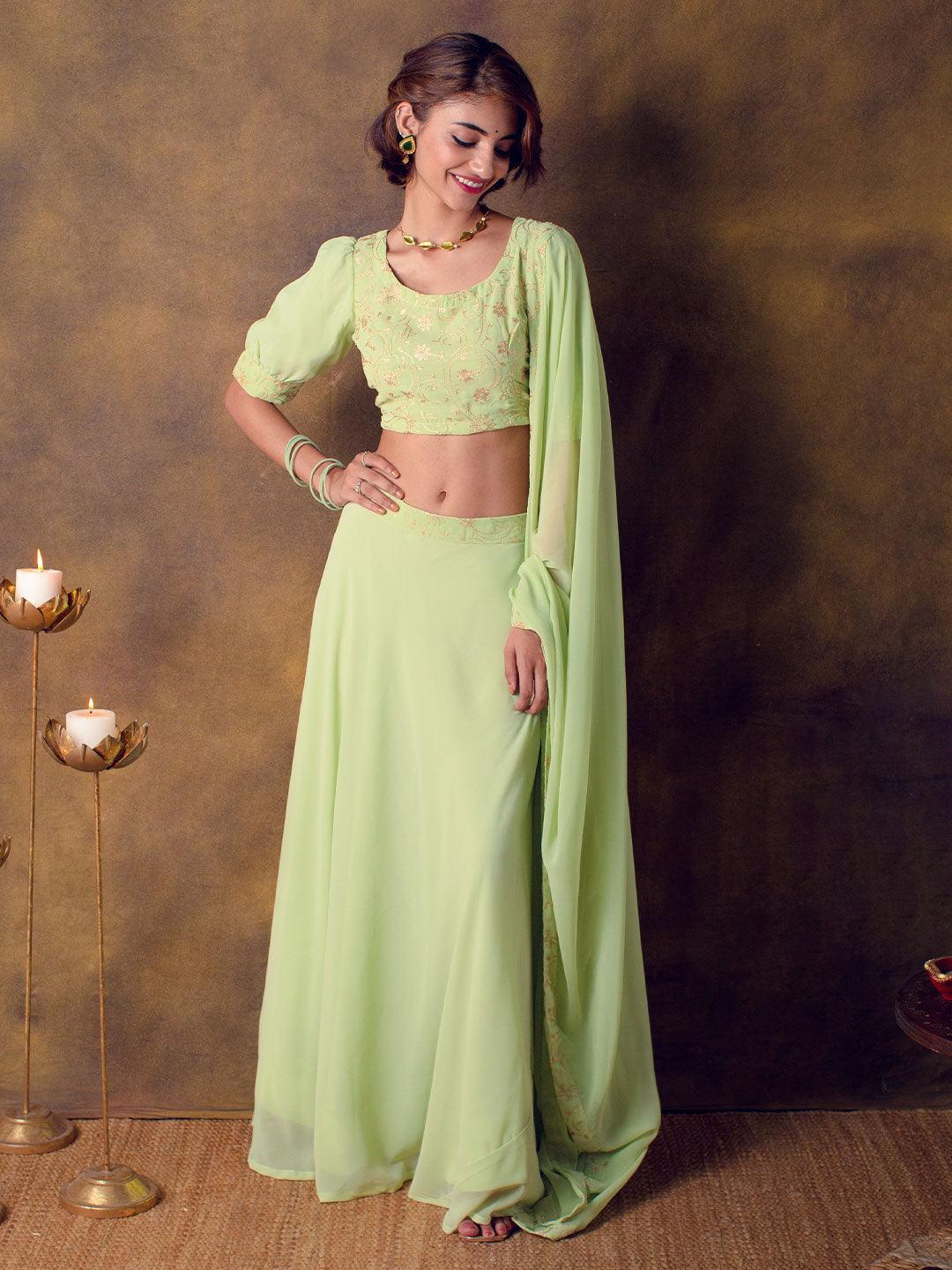 Green Embroidered Georgette Lehenga Set - ShopLibas