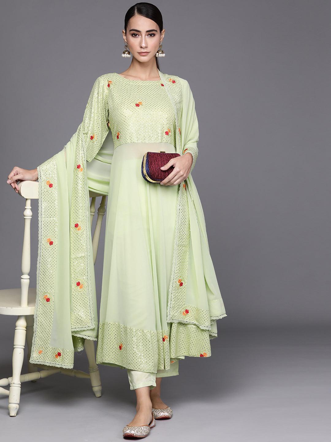 Green Embroidered Georgette Suit Set - ShopLibas
