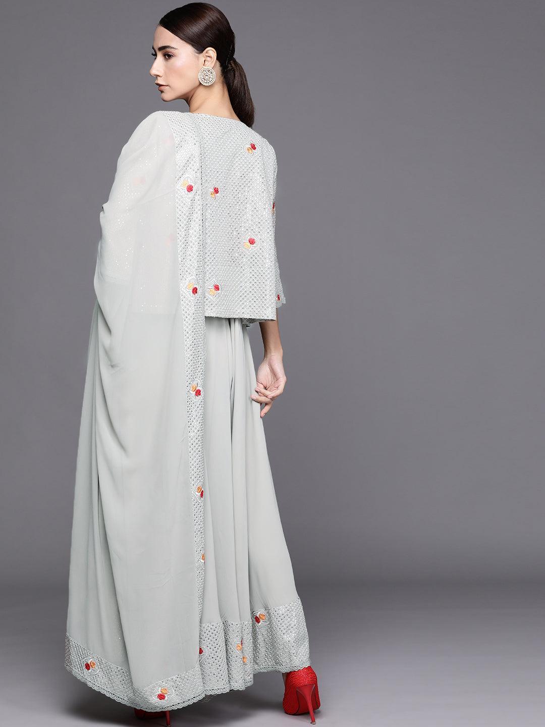 Grey Embellished Georgette Jacket Dress With Dupatta - ShopLibas