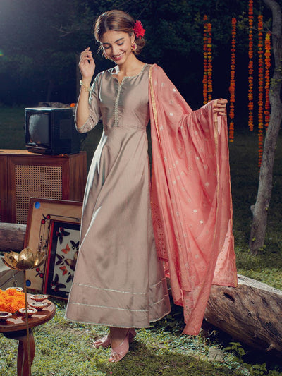 Beige Solid Silk Dress With Dupatta - ShopLibas
