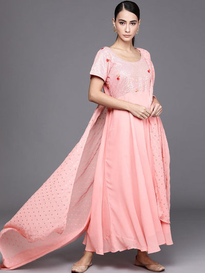 Pink Embroidered Georgette Dress With Dupatta - ShopLibas