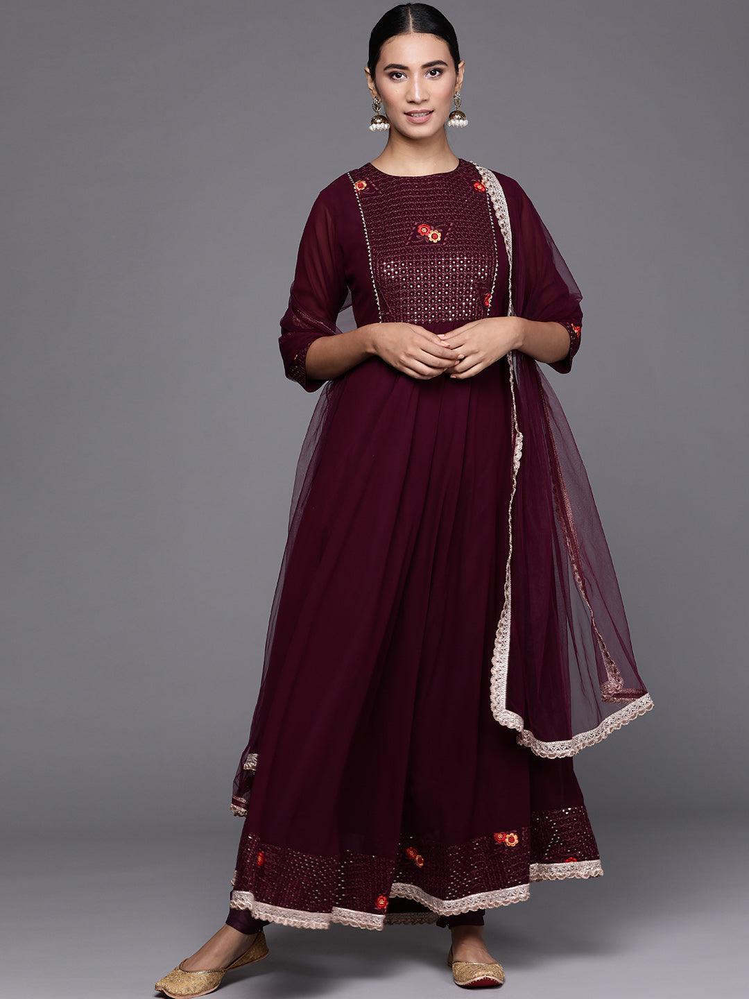 Maroon Embroidered Georgette Suit Set - ShopLibas