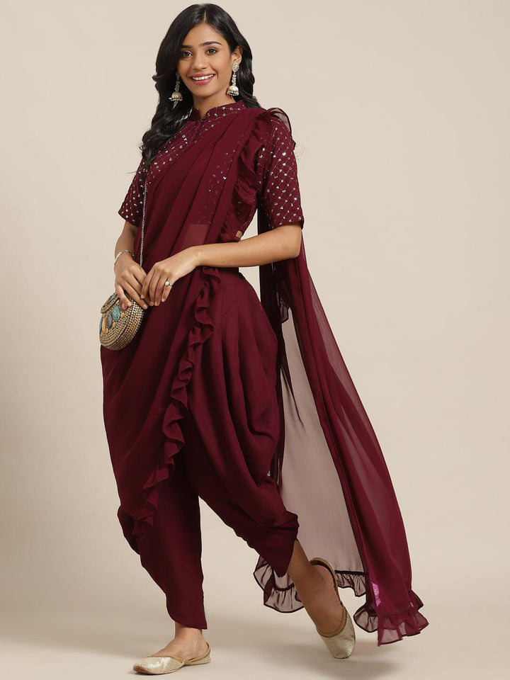 Burgundy Embellished Georgette Dhoti Saree - ShopLibas