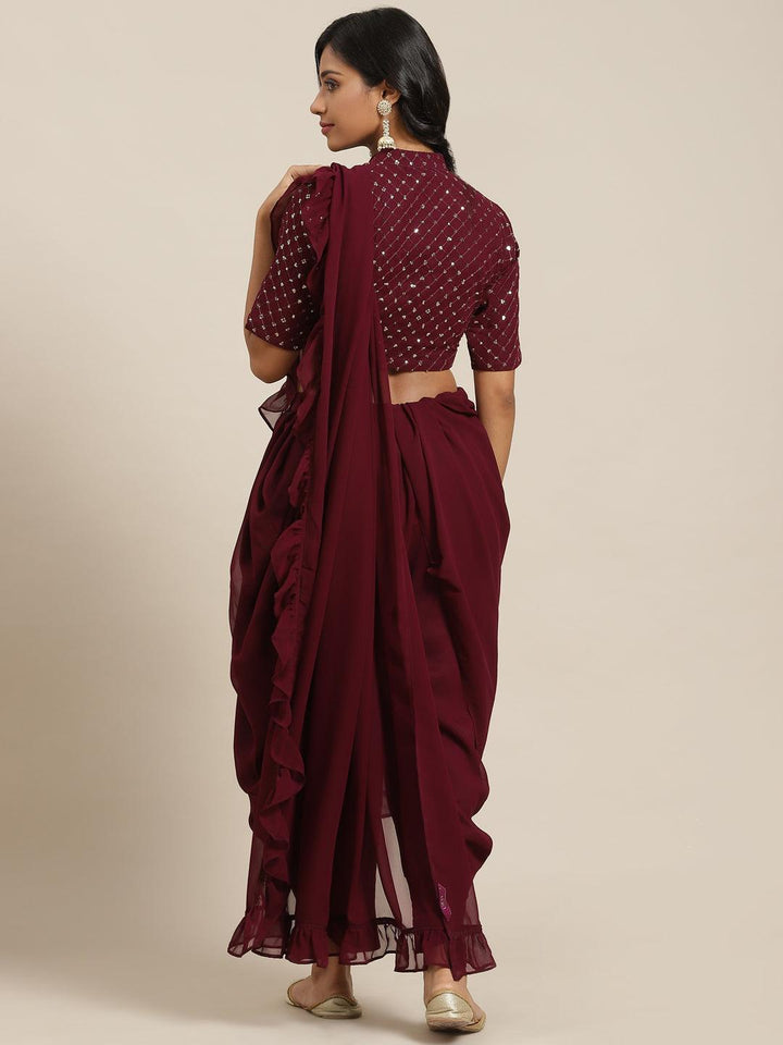 Burgundy Embellished Georgette Dhoti Saree - ShopLibas