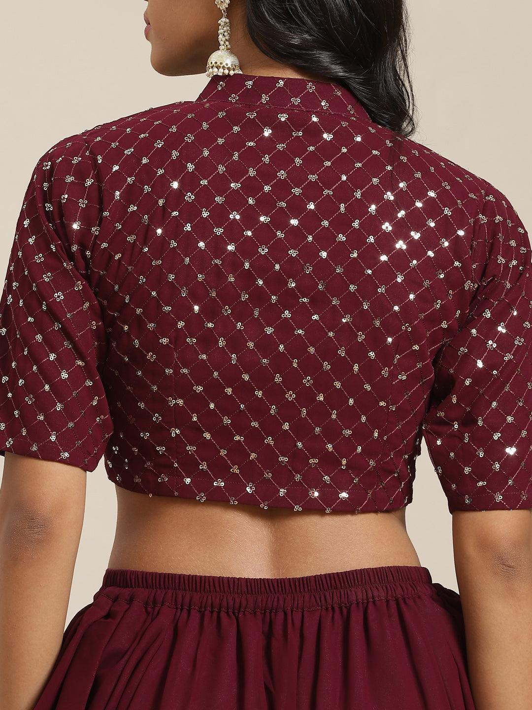 Burgundy Embellished Georgette Dhoti Saree - ShopLibas