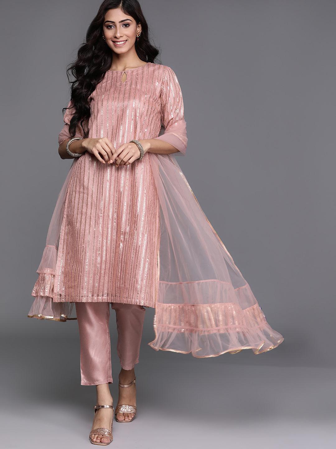 Pink Embroidered Net Suit Set - ShopLibas
