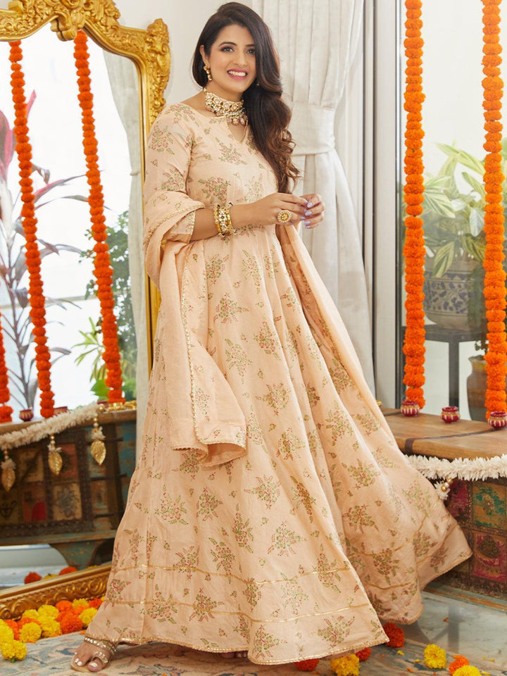 Peach Printed Silk Blend Dress With Dupatta - ShopLibas