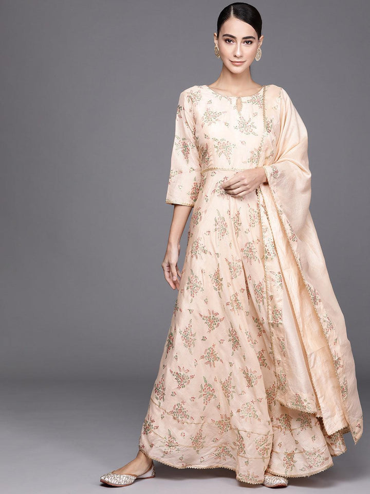 Peach Printed Silk Blend Dress With Dupatta - ShopLibas