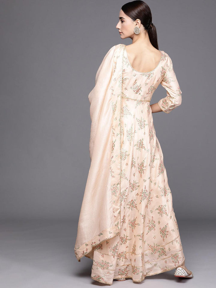 Peach Printed Silk Blend Dress With Dupatta - ShopLibas