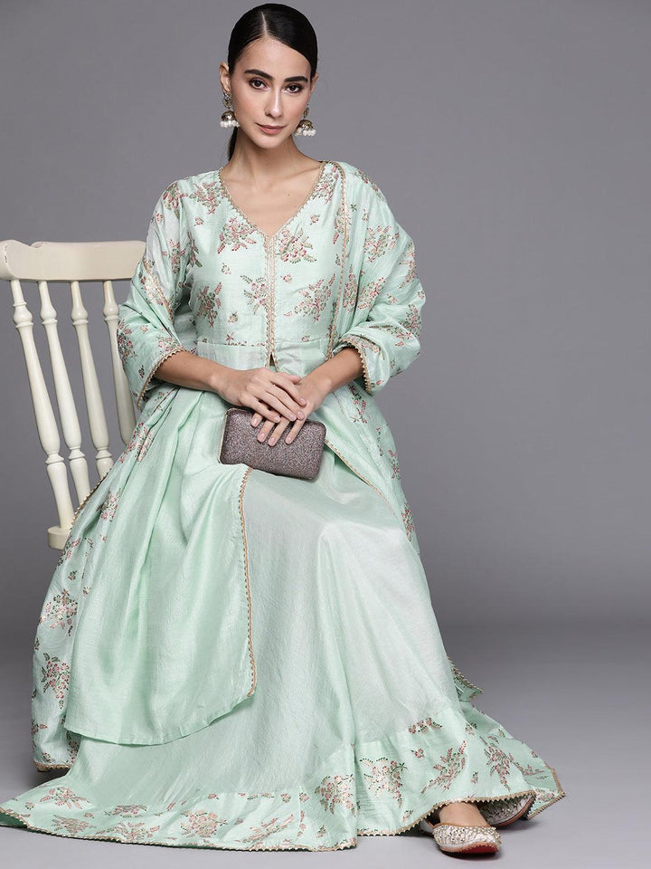 Sea Green Printed Silk Blend Suit Set - ShopLibas