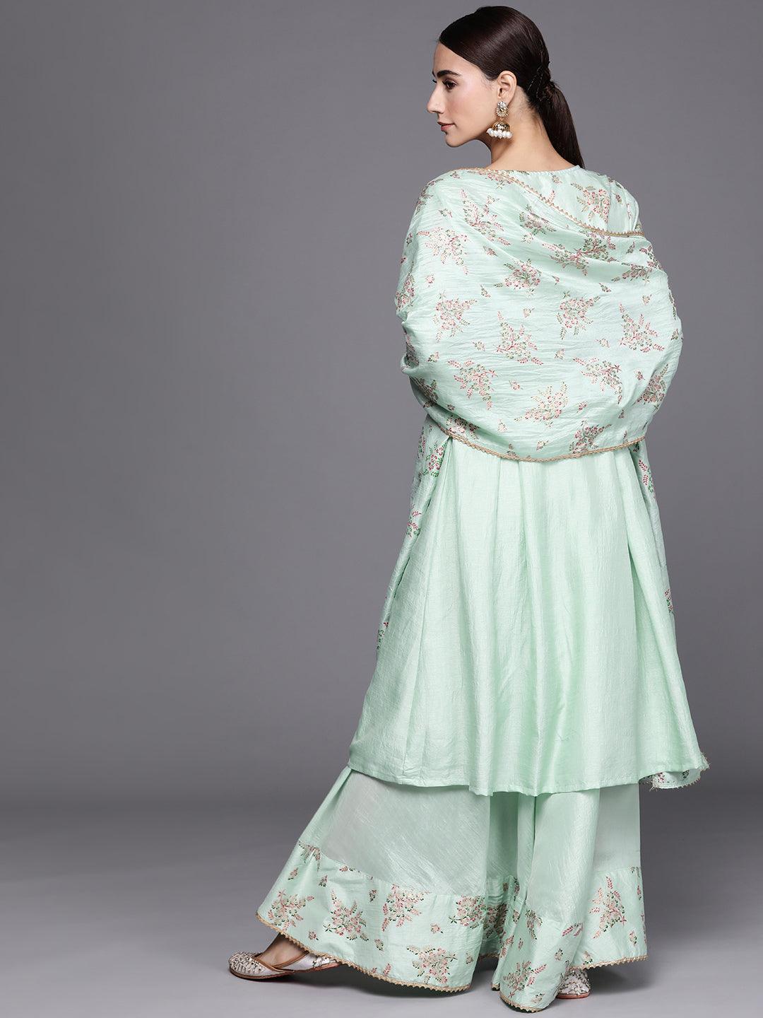 Sea Green Printed Silk Blend Suit Set - ShopLibas