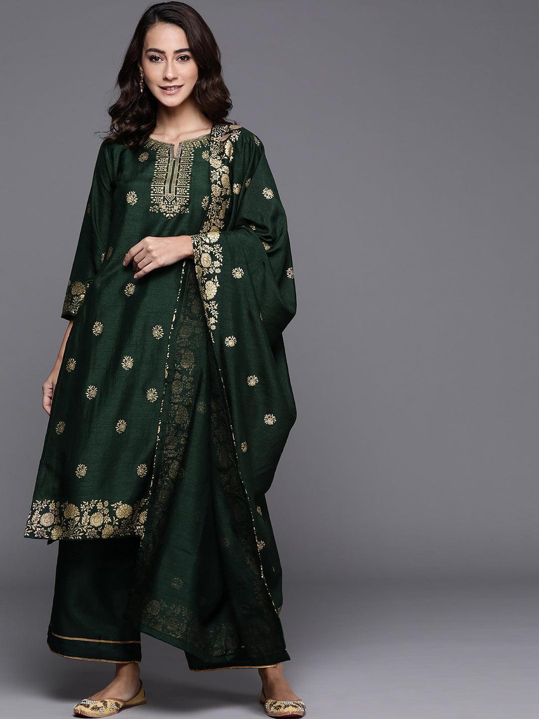 Green Printed Silk Blend Suit Set - ShopLibas