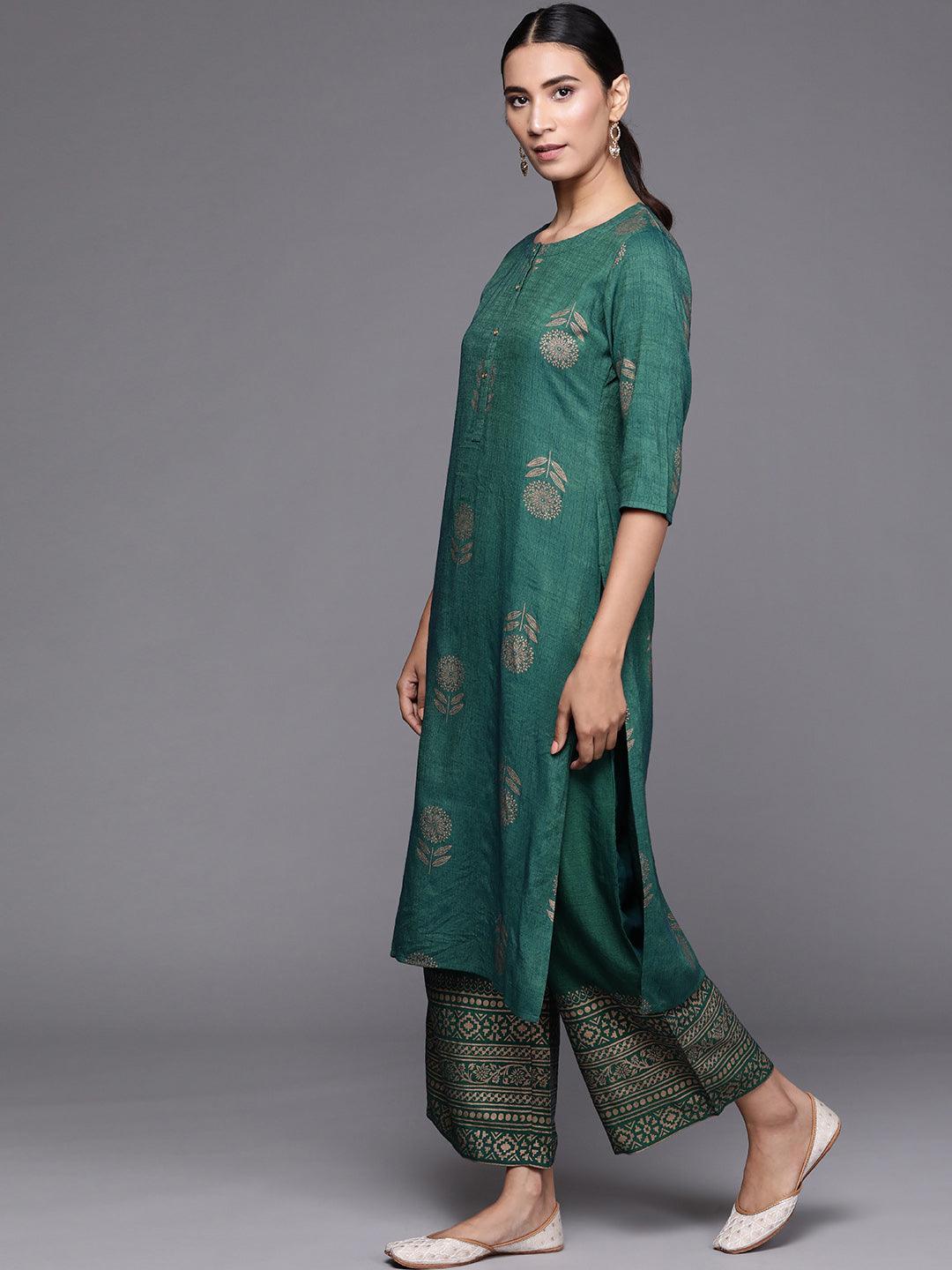 Green Printed Chanderi Silk Suit Set - ShopLibas