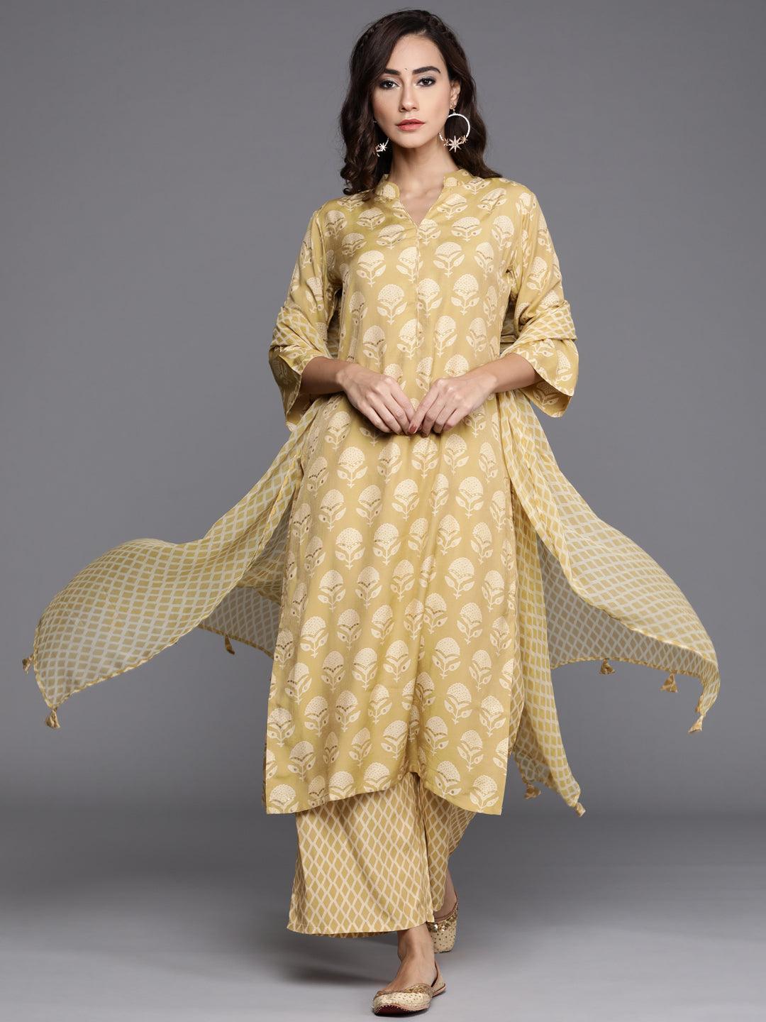 Yellow Printed Silk Blend Suit Set - ShopLibas