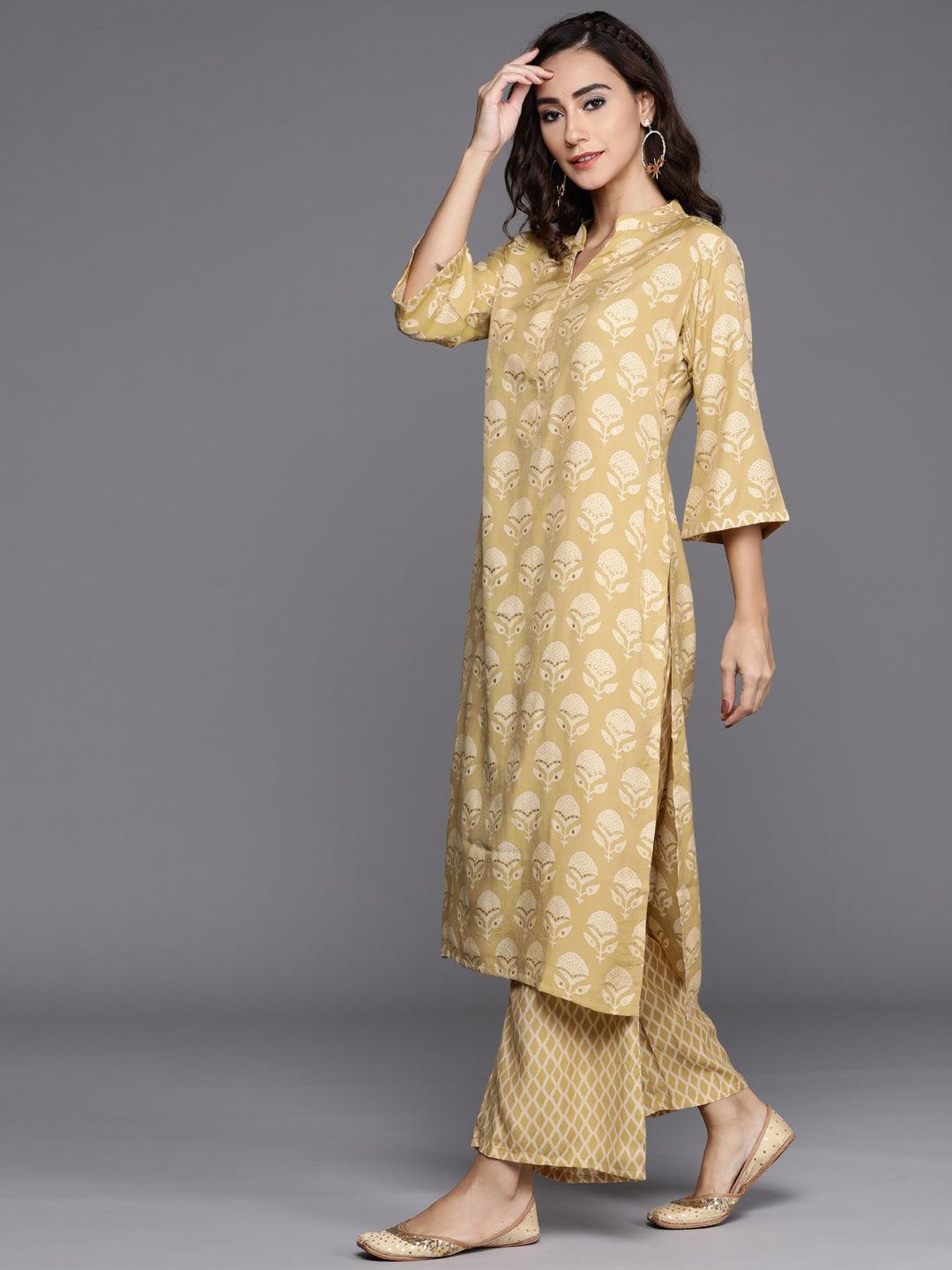 Yellow Printed Silk Blend Suit Set - ShopLibas