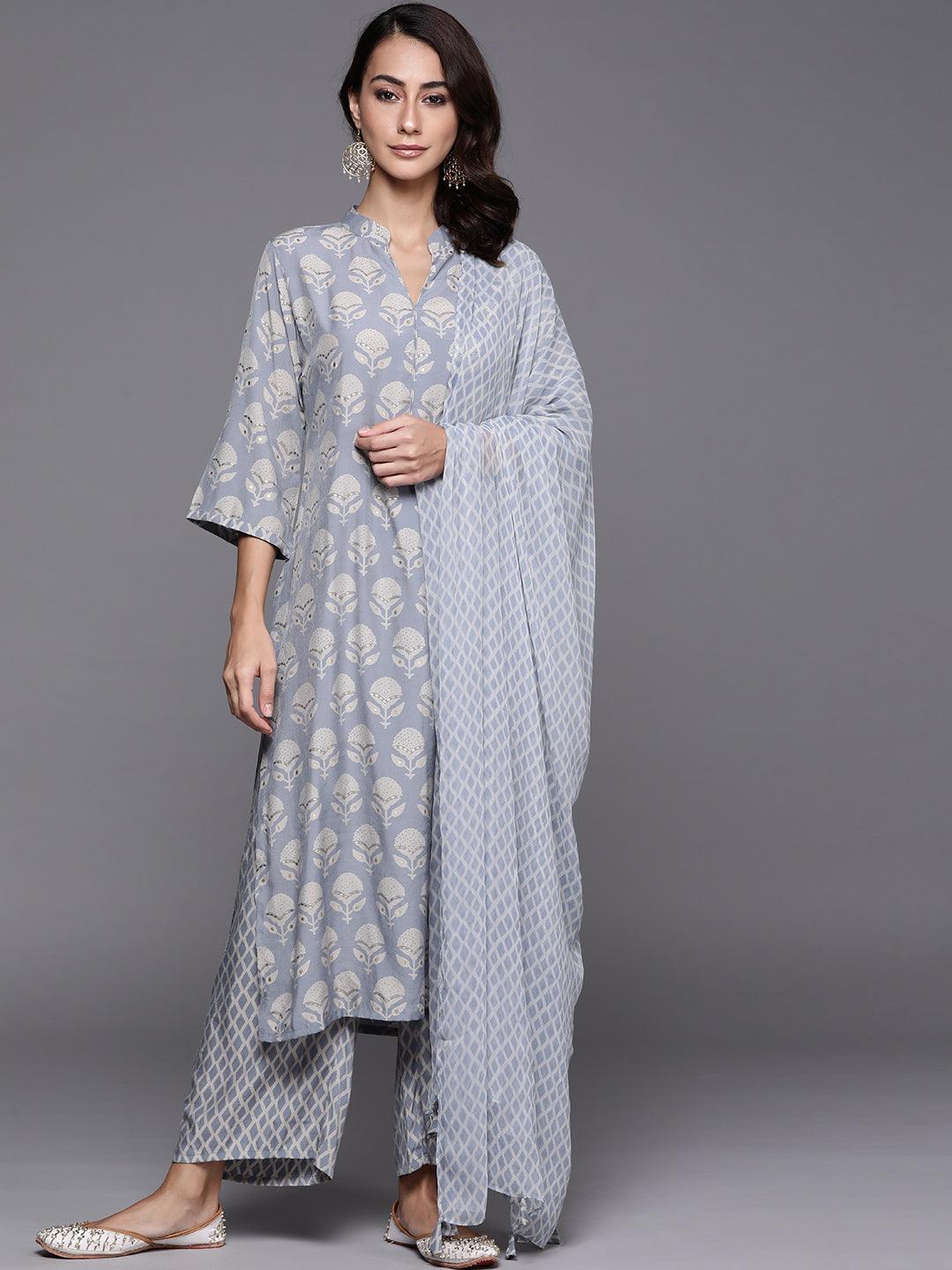 Blue Printed Silk Blend Suit Set - ShopLibas