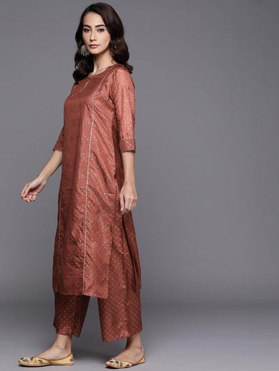 Brown Printed Silk Blend Suit Set - ShopLibas
